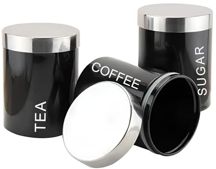 RLS Set of 3 Airtight Tea Sugar and Coffee Storage Canister set Jars, Black