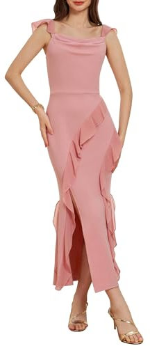 GRACE KARIN Robe de cocktail élégante sans manches avec fente sur le devant et volants pour femme, Cuir rose, 46