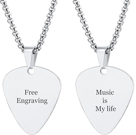 INBLUE Personalisierte Gitarren Plektrum Halskette für Männer Graviert mit Text/Foto Anpassen Edelstahl Gitarre Anhänger Felsen Punk Cooles Schmuck Geschenk für Musik-Liebhaber (A1 - Text)