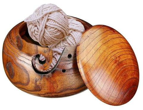 AMZTEMU Wooden Yarn Bowl for Crochet, Knitting Bowl Wool Holder, Wool Bowl with Cover -Retro Style (15 * 9.5cm)