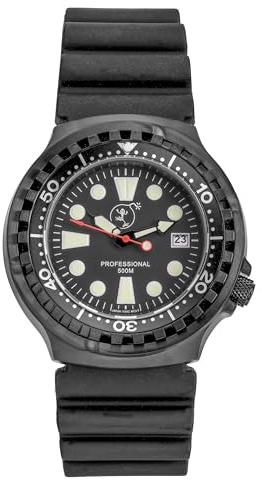 BOMBFROG© Professional 500 Black (Schwarz) - Herren Taucheruhr - Wasserdicht bis 500m - Neopren Armband, ca. 27cm - 46 mm Durchmesser - Bis 500 Mete