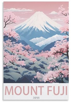 HNROJICO Poster vintage de voyage Mount Fuji Japon en fleurs de cerisier - 20 x 30 cm - Impression sur toile - Décoration murale pour chambre à coucher et salon