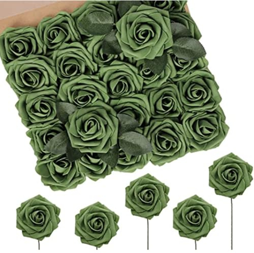 N&T NIETING Artificial Flowers Roses 50pcs Fake Flowers with Stem for DIY Wedding Bouquets Centerpieces Bridal Baby Shower Party Home Shower Arrangement Decoration (Army Green)
