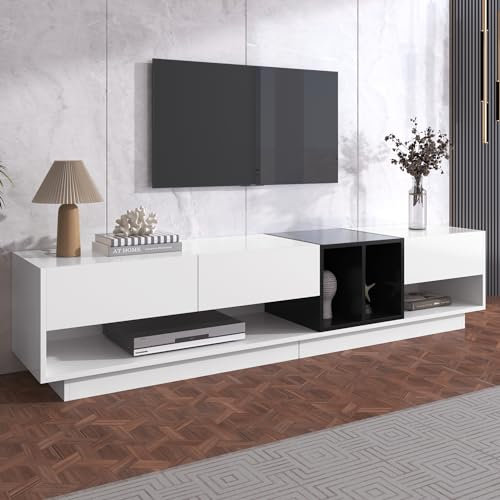 Oyemige Mobile TV con Tre Cassetti, Porta TV Basso con Due Vani a Giorno, Porta TV Sospeso, Moderno Mobile TV per Soggiorno, Combinazione di Superfici Bianche e Nere Lucide, 190x40x42 cm
