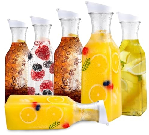 Set of 6 Plastic Carafe with Lid, 50 Oz Carafes for Mimosa Bar, Square Base Juice Containers, Water Bottle, Milk Container, Clear Beverage Containers for Fridge