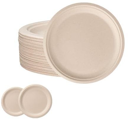 yayafunfun 7inch Brown Paper Plates Compostable Plates,50Pcs Sturdy Sugarcane Party Paper Plate,Eco-Friendly Super Rigid Biodegradable Bagasse Plates,Heavy Duty Strong Disposable Plates for Party