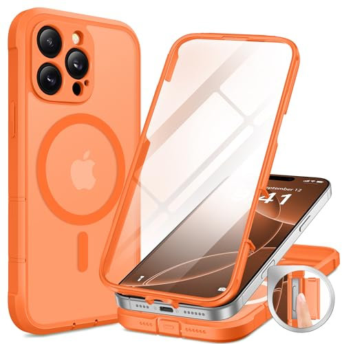 BERFY Magnetic for iPhone 16 Pro Max Case, Compatible with MagSafe, [Built-in 9H Tempered Glass Screen Protector & Camera Protection] Full Body Translucent Matte Phone case for 16 Pro Max, Orange
