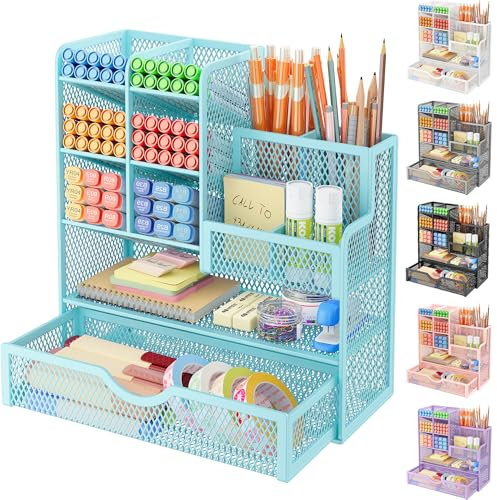 VITVITI Schreibtisch Organizer, 10 Fächer Stiftehalter mit Schublade, Netz Stifte Regal aus Metall, Stiftehalter Schreibtisch für Schule Heim Büro (Blau)