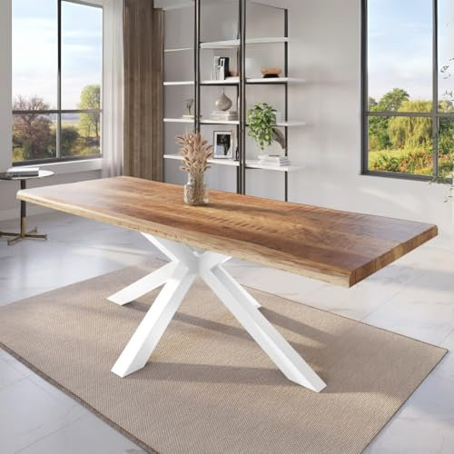 trelevo Esszimmertisch 260x100 cm, Mangoholz massiv, Tischplatte Natur/rau, echte Baumkante, Spider Gestell weiß, Baumkantentisch