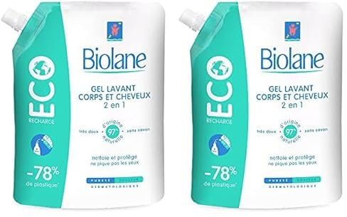 BIOLANE - Gel douche corps et cheveux 2 en 1 - Eco Recharge - Gel lavant - 500ml - 97% Origine Naturelle - Doux - Peaux Sensible - Cheveux Fins - Bébé - Fabriqué en France (Lot de 2)
