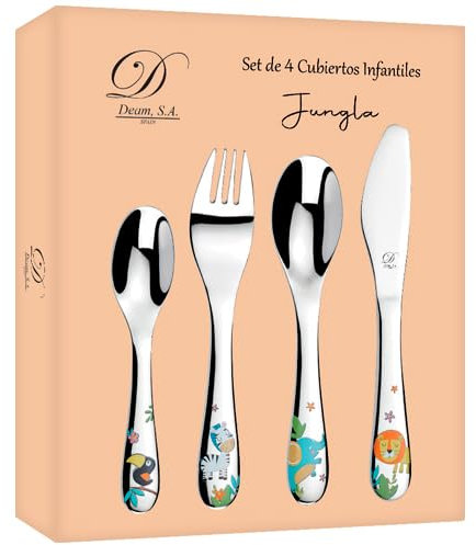 Estuche de 4 Cubiertos Infantiles con diseño de Jungla. Disponible Grabado Personalizado (09708)