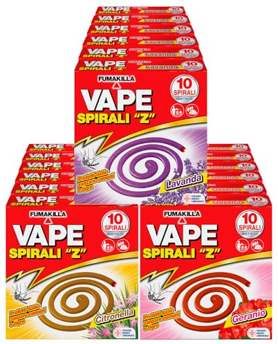 24x Vape Spirali Z Profumate Lavanda Geranio e Citronella Repellente Insetticida Antizanzara 8h contro Zanzare Comuni e Tigre Presidio Medico Chirurgico - 240 Spirali Profumazioni Assortite