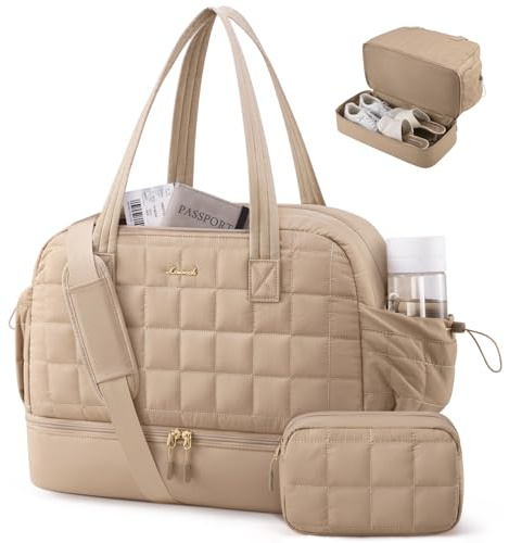 LOVEVOOK Weekender Reisetasche Damen 35L, Leichte Puffer Travel Bag Kliniktasche Geburt, Wasserdicht Sporttasche mit Schuhfach & Nassfach, Handgepäck Tasche für Gym Reise Urlaub, Khaki