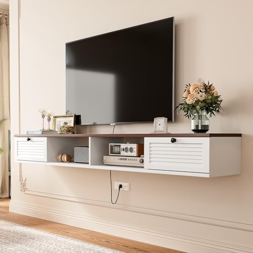 FloatiCasa 140cm Walnut & White Floating TV Unit, 2 Doors & 2 Open Cabinets | Plywood construction, cable management hole, easy assembly, includes toggle bolts for drywall, for living room and bedroom