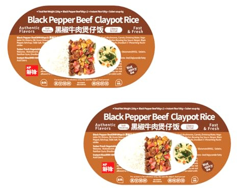 Xian Feng Authentic Asian Claypot Rice – Ready-to-Eat Instant Meal with Rich Flavours, Savoury Microwaveable Rice Bowl, Quick Comfort Food (Pack of 2) (Black Pepper Beef Flavour)