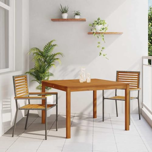 QJBSAVVA 3-Teiliges Gartenmöbel-Set Grau 110 x 110 cm Poly-Rattan Esstisch mit 2 Stapelstühlen aus Akazienholz Modernes Design und Robustheit für Garten Balkon Terrasse
