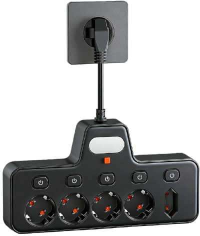 Prise Multiple avec Interrupteur Individuel, 24 * 9 * 4cm Multiprises avec Interrupteur, Bloc Prise Murale, Daptateur avec Fiches Interrupteurs 5-en-1 Multiprise Électrique pour Bureau, Maison, Noir