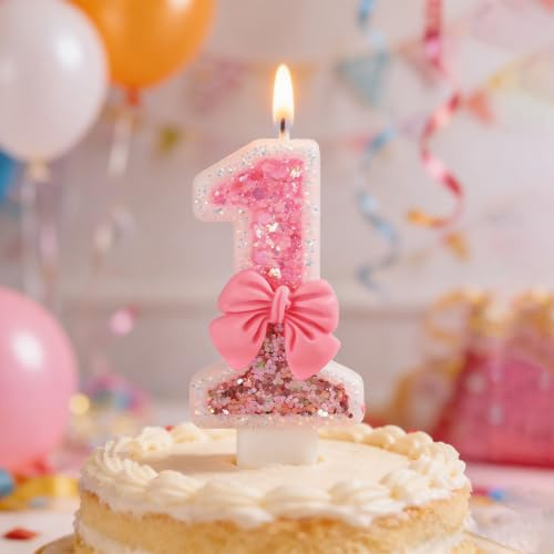 1st Birthday Candle - Pink Glitter Number 1 Candle with Bow for Girls, Perfect for 1 Year Old Birthday Party Decorations