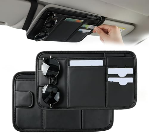 2 PCS Organisateur de Visière en Cuir PU, Porte Lunettes pour Voiture, Gadget Voiture Interieur Universel avec Porte Cartes et Rangement pour Lunettes, Stylos, Cartes de Crédit, Factures, Noir