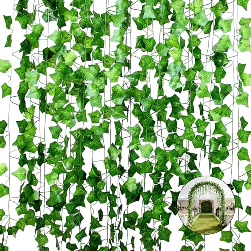 16 Stück Efeu Girlande Künstlich 200CM Kunstpflanze Hängend Deko Vorhang, Künstliche Pflanzen Hängend Blätter Girlande Fake Efeugirlande Grün Efeu für Küche Hochzeit Balkon Garten Party Dekoration