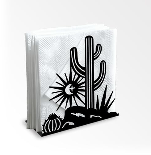 Doodlream Portatovaglioli in metallo con cactus deserto, 12,5 x 13,5 x 5 cm, dispenser di tovaglioli in stile bohémien, con sole e luna, per cucina, bar, sala da pranzo e ristorante