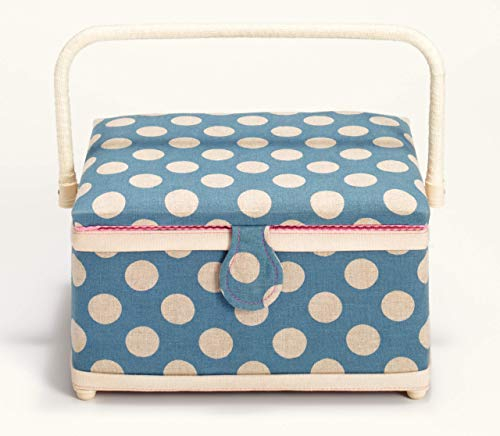 Prym Nähkorb, Polka Dot-Design, mit rosafarbener Verkleidung, Leinen, mittelgroß, Blau und Weiß, 18.5x26x16 cm