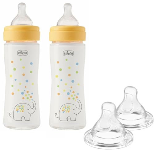 Chicco - Set di biberon in vetro Well Being, 2 pezzi, qualità superiore, tettarella in silicone “effetto mamma”, 0+ mesi & 2+ mesi, 2 da 240 ml, con4 tettarelle in silicone, Made In Italy