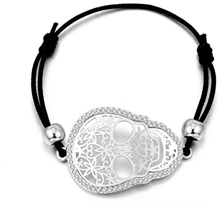 Femmes Bracelet à breloques, Stretch Bracelet de crâne Bracelet Bracelet d'amitié Bracelet cordon de cire réglable avec cristal (Plaqué argent)