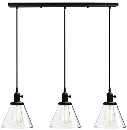 Phansthy Industrial Pendant Light Fitting with Switch 3 Light Edison Ceiling Hanging Lamp with Funnel Clear Glass Shade Cluster Chandelier Fixture Ceiling Light for Dining Room Living Room (Black)