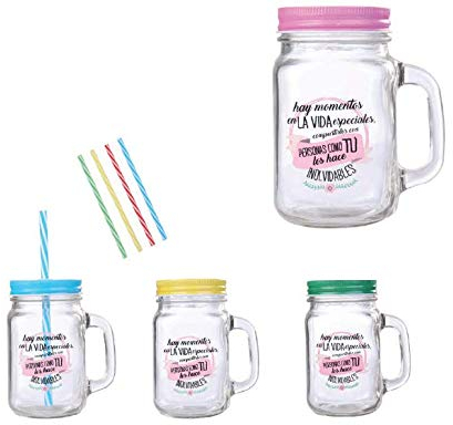 Vasara Lote de 12 Jarras de Cristal con Caña Frases MOMENTOS ESPECIALES Colores Surtidos - Jarras Frases para Detalles Bodas y Comuniones
