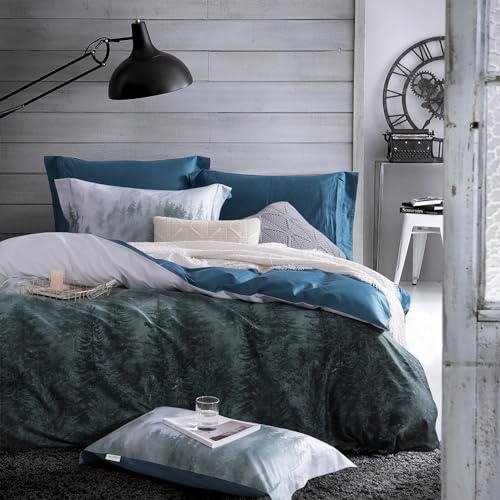 MILDLY 100% Long Staple Cotton Mountain Duvet Cover Set, Blue Green Gradient Trees Pattern Printed Comforter Cover Set