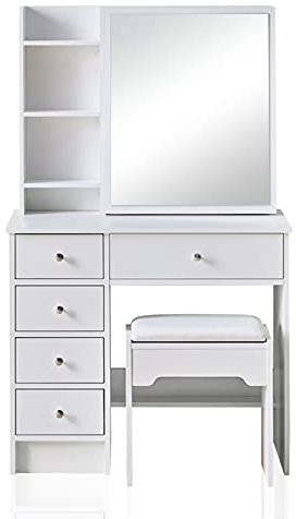 TUKAILAi White Vanity Dressing Table Set Corner Makeup Desk with 5 Drawers, 1 Slide Mirror, 7 Shelves and Stool Bedroom Furniture