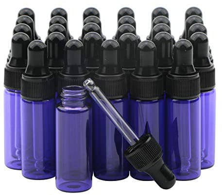 Rowiz 30 PCS 5ml Small Dropper Bottles Essential Oil Glass Bottle,Lotion Perfume Sample Vials with Glass Eye Dropper and Black Caps Pink Bottle. (purple)