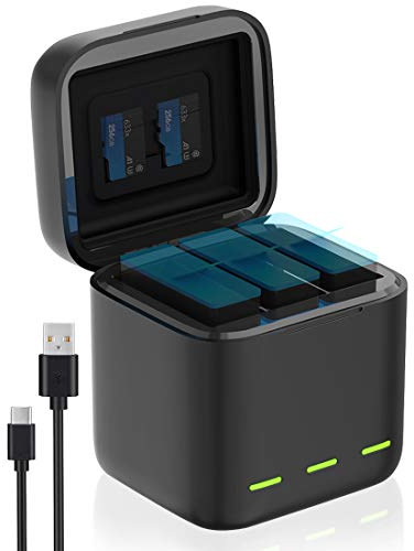 Jeebel Caricabatterie per GoPro Hero 12/11/10/9 Black 3-Canali Caricabatteria con Ricarica Rapida 2,4A e Cavo USB-C — Completamente Compatibile Con Batterie Originali di GoPro Hero (Senza Batteria)