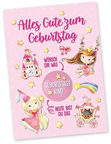 Papierdrachen Postkarte mit Button | Alles Gute zum Geburtstag zum Verschicken und Verschenken | Design Prinzessin | 35mm Button bedruckt mit Geburtstagskind