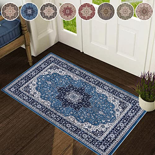 cozily® Door Mat, Washable Kitchen Mats Traditional Non Shed Vintage Door Matt Indoor, Front Door Entrance Carpet Runner Small Floor Mat - 60 X 110 Cm - Rome Blue
