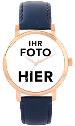 Toff London personalisierte Fotogeschenke für Frauen, analoge Anzeige, japanische Quarz-Uhr mit marineblauem Lederarmband, individuell gravierte Uhr