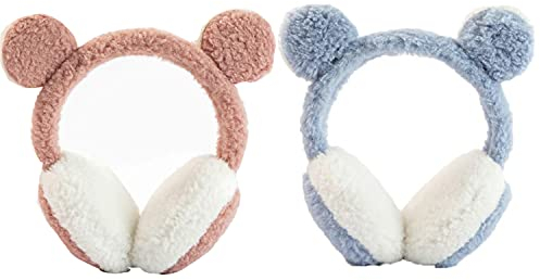 Sonwaha Earbags, 2 PCS Earbags Damen Faltbare Ohrenwärmer Damen für Bären Ohrenwärmer Fahrradhelm Ohrwärmer Ohrenschützer Winter Ohrenschutz Blau Rosa Erwachsene Niedlich Earmuffs