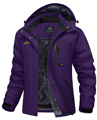 MAGCOMSEN Damen Winddicht Outdoorjacke Softshell Winterjacke mit 4 Taschen Frauen Fleece Gefüttert Übergangsjacke Warme Wandern Trekking Jacke Wasserdicht Regenjacke Dunkelviolett XL