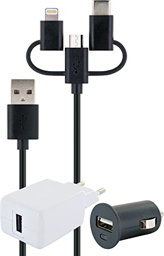 SCHWAIGER -LSET1300 513-3-in-1 Ladeset 'Smart' für PKW und LKW | Geräte mit Lightning-Anschluss, Micro USB oder Type C Anschluss | zusätzlich mit 12 V und 230 V Ladeadapter | 1 m