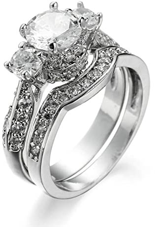Aotiwe Verlobungsrings Ringe, Aufmunternde Geschenke Frauen Set mit Zwei Ringen Luxus Versilbert mit Weiß Runden Zirkonia Größe 62 (19.7)