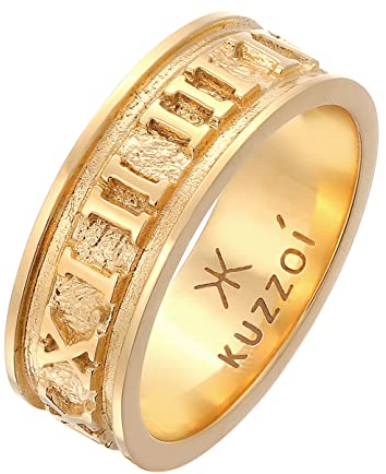 Kuzzoi Herrenring golden, Bandring massiv (8 mm) in 925 Sterling Silber vergoldet, Schmuck Accessoire mit römischen Ziffern, Ring für Männer mit Zahlenfolge, Ringgröße 62, 0604211422_62