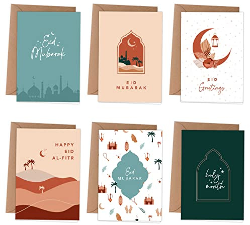 Papierdrachen 6 Klappkarten zu Ramadan | 6 Grußkarten als Klappkarte inklusive Umschlag zum Zuckerfest - Grüße an die Familie - Stilvolles Design zu Ramadan - Motiv Boho - Set 3