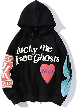 GDFENDU Lucky Me I See Ghosts Sudadera con capucha Hip Street Rapper unisex para parejas con impresión novedosa