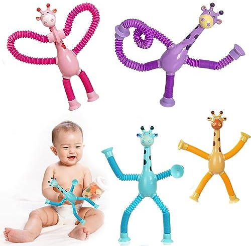 4 Piezas Juguete Telescópico con Ventosa de Jirafa, Juguete de Estrés Jirafa, Jirafa Telescópica con Ventosa Telescópica Jirafa, Juguete Sensorial de Jirafa para Aliviar el Estrés para Niños