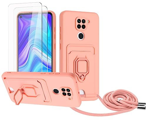 Zallagre Funda con Cuerda Compatible con Redmi Note 9,[2 Packs Cristal Templado],Ranura para Tarjetas,Cubierta de Cámara Deslizante Proteger,360 Anillo Soporte-Rosa