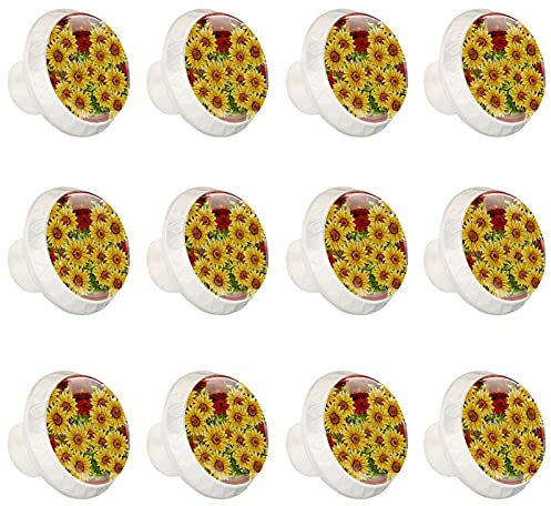 12 Pack Drawer Knobs, Sunflowers Yellow Red Floral Paint, Kitchen Cabinet Cupboard Door Decorative Furniture