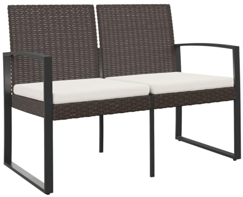 vidaXL Gartenbank, Sitzbank 2-Sitzer mit Kissen, Bank mit Armlehnen Rückenlehne, Gartenmöbel Parkbank Stahlrahmen, Braun PP-Rattan