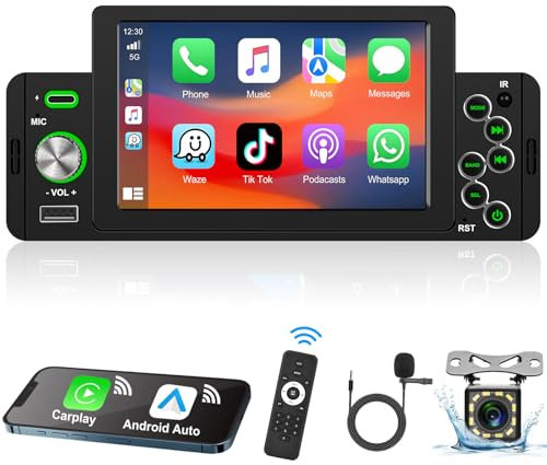 Podofo Apple Carplay Autoradio 1 Din avec Android Auto, 5 Pouces Écran Tactile Poste Radio Voiture avec Bluetooth/FM/Lien Miroir/Charge Rapide/Caméra de Recul/MIC