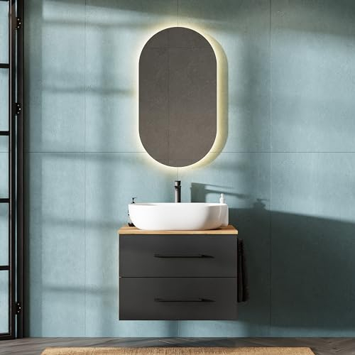 Planetmöbel LUX Badmöbel Set Waschbecken mit Unterschrank 70 cm, Aufsatz-Waschbecken 60 cm weiß, Spiegel 50 cm (ohne LED), Waschbeckenunterschrank Gold Eiche/Anthrazit